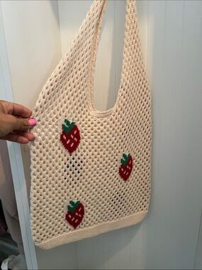 Cream Crochet Strawberry Tote Bag - Unbranded